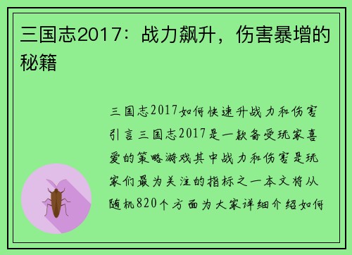 三国志2017：战力飙升，伤害暴增的秘籍
